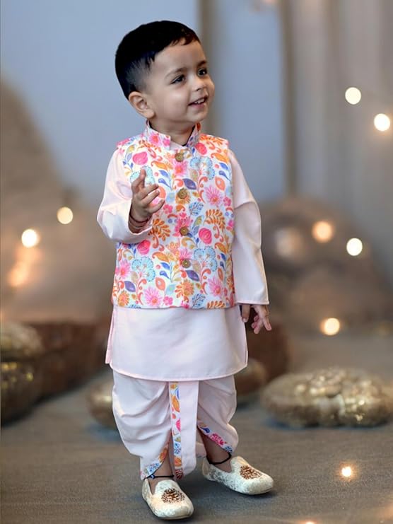 A.T.U.N. (ALL THINGS UBER NICE) Boys Poly Silk Floral Full Sleeve Kurta, Dhoti with Jacket Set | Ethnic Clothing Set for Festival and Special Occasion | 3 Piece Set